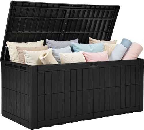 YITAHOME 833L Auflagenbox Wasserdicht, Große Gartenbox mit Schloss & Gasdruckfeder, Kissenbox mit Sitzfunktion bis 300 kg, Wetterfeste Resin Gartentruhe, UV-beständig & Belüftet, Schwarz