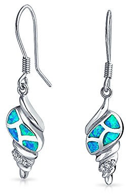 Erstellte Blaue Opal Hawaiianische Nautische Tropische Strandurlaub Triton Conch Muschel Hängende Ohrringe Für Frauen Meeresleben .925 Sterling Silber Fischhaken