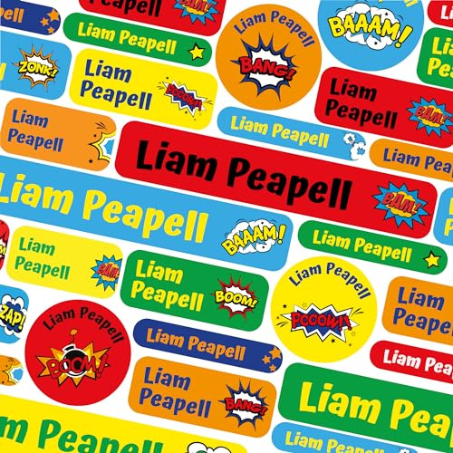 123 Name Labels for Kids No Iron Name Tags for Clothes Name Stickers for Water Bottles, School Uniform, School, Nursery, Care Homes, Washable and Dishwasher Safe for Children (Comic Book)