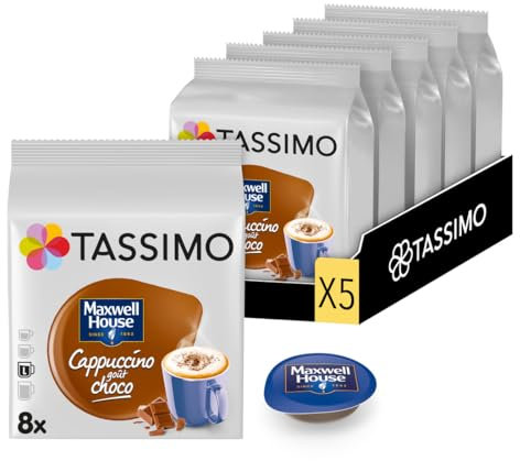 Tassimo, 40 Dosettes, Cappuccino goût Choco Maxwell House , Compatibles avec les machines TASSIMO, 40 Cappuccino goût choco, Généreux et Gourmand, 5 packs de 8 dosettes
