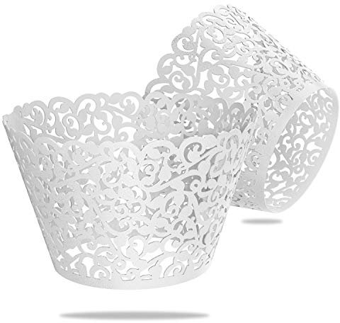 WedDecor White Cupcake Wrappers Laser Cut Pearlescent Floral Design Muffin Wrap Cases Paper Holders for Party Decoration, Wedding, Birthday, Events, 25pcs