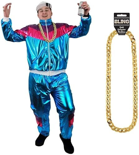 80er / 90er Trilobalanzug Asi Kostüm mit Ghettoblaster - Blau glänzende Jacke mit Reißverschluss + passende Hose mit Taschen Trainingsanzug + Goldkette aus Kunststoff (XX-Gross)