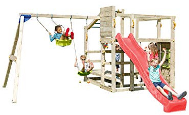 MASGAMES Spielturm Crossfit mit Rutsche 2,90 m + Doppelschaukel inkl. 2 Schaukelsitze 70 kg