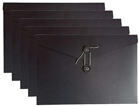 VANRA Kraft String Envelope File Folder Project Pockets File Jacket Document Organizer Flat-No Expansion A4 Letter Size (Black, Pack of 5)