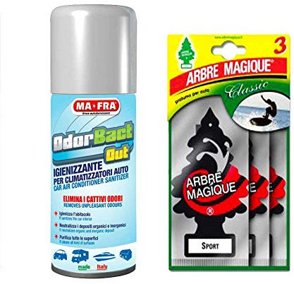 Ma-Fra Odorbact out Igienizzante per Condizionatore, 150 ml più Tris Deodorante Auto fragranza Sport