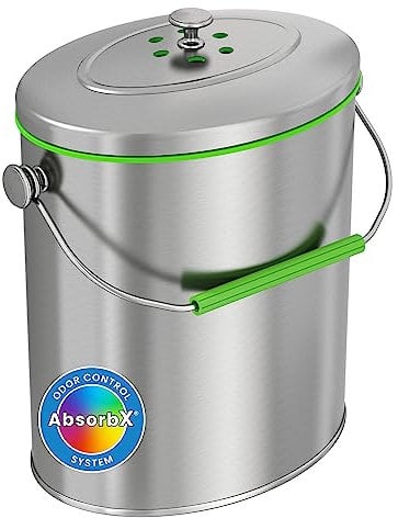 iTouchless poubelle à compost en acier inoxydable 1.6 gallon avec système de filtre à odeurs AbsorbX, poubelle de comptoir de cuisine de 6 litres de forme ovale mince et antirouille en titane