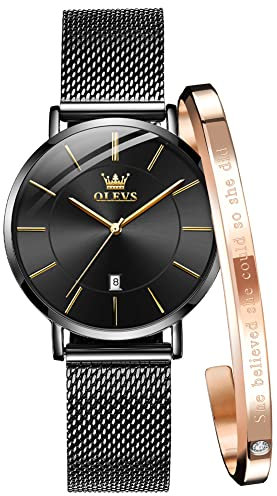 OLEVS Ladies Watch Black Faced Stainless Steel Mesh Strap Ultra Thin Waterproof Japanese Quartz Dress Date Women Wrist Watch
