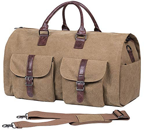 seyfocnia Wandelbare Reise-Kleidertasche, Handgepäck-Reisetasche für Männer und Frauen – 2-in-1 hängender Koffer, Anzug, Business, Reisetasche, Braun-Zwei Taschen-Canvas, L, Reisen