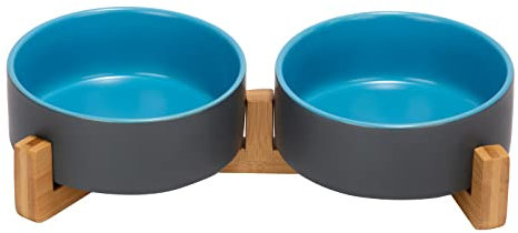 SPUNKYJUNKY Gamelle Double en céramique avec Support en Bambou pour Chat et Chien (400ml, Bleu Gris)