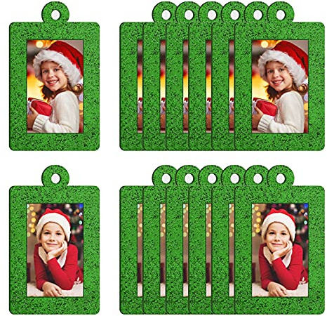 20 piezas de marcos de fotos de adornos de Navidad Árbol de Navidad con purpurina, marco de fotos de fieltro para colgar, marco de fotos para decoración de árbol de Navidad (verde, rectangular)