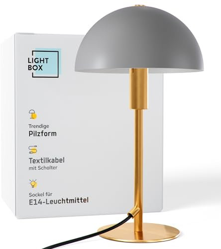 Lightbox Pilz-Tischlampe | 36 cm Höhe, Ø 20 cm | Tischleuchte mit Wipp-Schalter | glamouröse LED Lampe als Nachttischlampe für das Schlafzimmer | E14 | aus Metall in Goldfarben/Matt Taupe/Grau