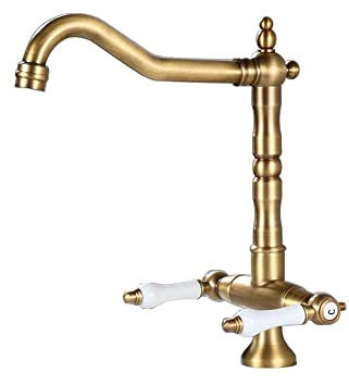 HomeLava Antikes Messing Wasserhahn Küche Küchenarmatur 360° Drehbar Spültischarmatur Zweigriffmischer Nostalgie Mischbatterie mit Zweigriff Armatur Hoher Auslauf