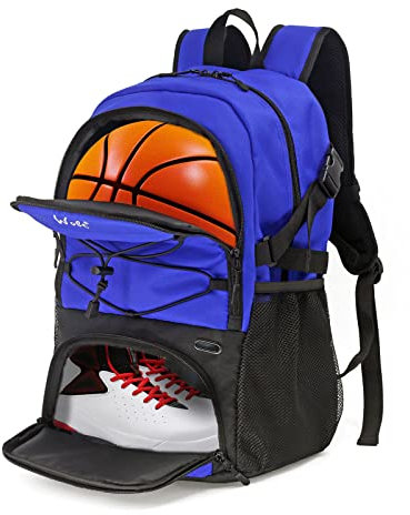 Football Bag with Boot Compartment Basketball Backpack with Ball Holder Sports Backpack with Water Bottle Pocket for Men and Women, Blue
