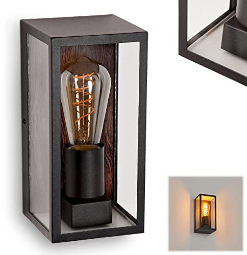 HOFSTEIN Außenwandleuchte Hakkas, Außenleuchte aus Metall/Glas in Schwarz/Holzoptik/Klar, Moderne Wandlampe mit Lichteffekt für Terrasse/Hof/Eingangsbereich, 1 x E27, ohne Leuchtmittel, IP44