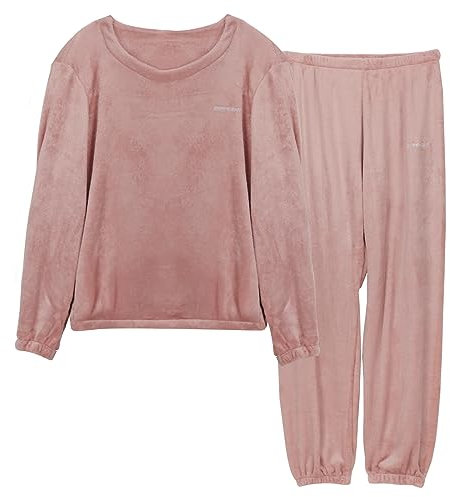 LACOFIA Pigiami Due Pezzi da Donna Pigiama Set Invernale di Caldo Pile Abbigliamento da Notte a Maniche Lunghe Adulto Pigiama di Coppia Rosa XS