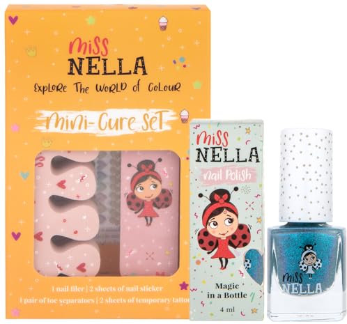 Miss Nella NAGELKIT & NAGELLACK- Zubehörset für Kinder + Blue The Candles abziehbarer Nagellack, Nagelaufkleber, Tattoos, Nagelfeile & Zehenspreizer- speziell gefertigt für Kinderhände und Füße