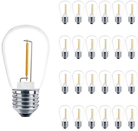 ECOVANIA Outdoor String Light Bulbs, 1Watt Shatterproof S14 Replacement Light Bulbs, Vintage Style,E26 Medium Base, 2200K Warm White, 11 Watt Equivalent, 24 Pack
