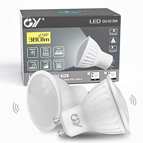 GY GU10 LED Radar Sensor Lamp, 5 W Replaces 40 W Halogen Bulb, 380 Lumen 6500 K Cool White Sensor Bulbs, Automatic On/Off, Beam Angle 120°, Not Dimmable, 2 PCS