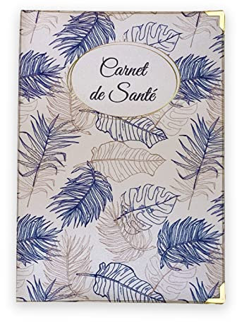 Nemau - Protège Carnet de Santé en Gomme Expansée Nacrée - Fabriqué en France - Étui Carnet Bébé Enfant Fille ou Garçon Adulte - Format Maternité Standard - Modèle Feuilles Bleues et Or