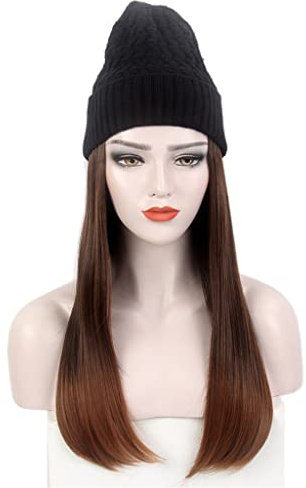 n/a Modischer europäischer und amerikanischer Damen-Haar-Hut-Schwarz-Strickhut-Perücke-langer gerader brauner Perücken-Hut