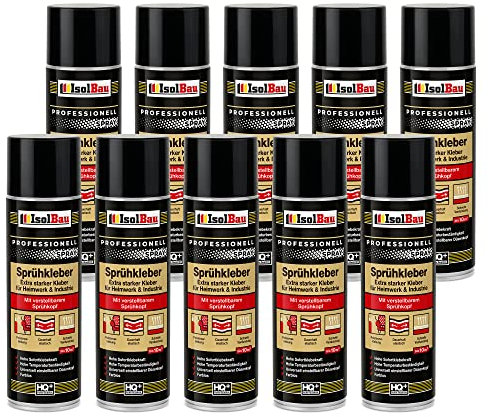 Isolbau Lot de 10 flacons de colle en spray 500 ml – Colle extra forte pour bricolage et industrie – Spray adhésif pour mousse, bois, tissu, cuir, feutre, etc