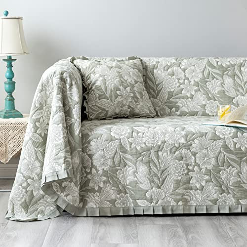 GLORY SEASON Sofabezug, luxuriös, Jacquard, stilvolle Stickerei, Rüschen, Vintage-Sofa-Schonbezug, Couchbezug, Möbelschutz für 2–3 Kissen, Sofaüberwürfe, Olivgrün, 180,3 x 340,4 cm