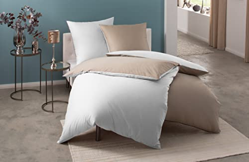 Bettwaesche-mit-Stil Mako Satin Damast Wendebettwäsche Streifen Vancouver weiß/braun (Garnitur 200x200 + 2X 80x80cm)