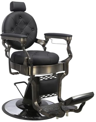 Italian Design - Sillón de Barbería Profesional Olympo - Diseño Clásico con Respaldo Reclinable, Reposabrazos Ergonómico, Ajuste de Altura Hidráulico y Tapizado en Vinilo Resistente - Color Negro