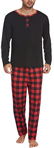 Ekouaer Schlafanzug Herren Zweiteiliger Lang Pyjama Set Nachtwäsche Langarm Oberteil und Karierte Schlafanzughose mit Seitentaschen Sleepwear Schwarz und Rot L