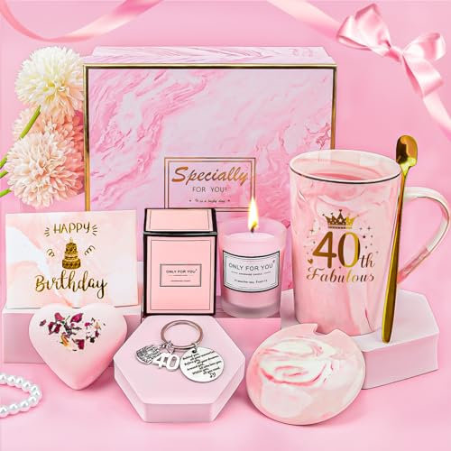 TOLOYE 40th Birthday Gifts for Women, Ladies Birthday Gift Ideas, Pink Mug Cup Gift Set with Aromatherapy Candle, Bath Salt Ball, Key Buckle, Card, 40th Years Old Pamper Gifts for Women