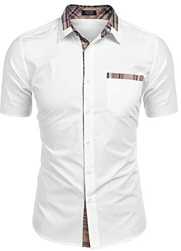 COOFANDY Men's Short Sleeve Shirts Summer Casual Shirt Plain Work Shirt Button Down Dress Shirts for Wedding A-White L