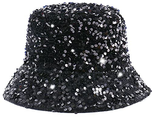CaySep Unisex Fischerhut mit Glitzer-Pailletten – Hip-Pop-Strand-Sonnenhut, faltbarer Fischerhut für Reisen, Schwarz , Einheitsgröße