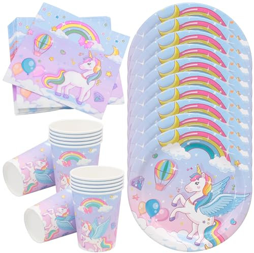 FORYNXHWIN Kit Déco Anniversaire Licorne - 40 Pièces Assiettes, Gobelets, Serviettes pour Filles (10 Invités)