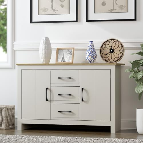 Galano Gemstone Sideboard mit 2 Türen und 3 Schubladen – Buffetschrank für Wohnzimmer – 39,5 x 119 x 76,6 cm – Hellgrau