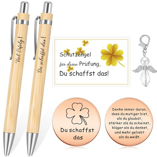 Tenare Mutmacher Geschenk Set Motivation Kugelschreiber Schutzengel Anhänger Kleeblatt Glücksbringer Du Schaffst Das für Abi Prüfung Freund Kollege Abschied (Holzfarbe, Viel Erfolg)