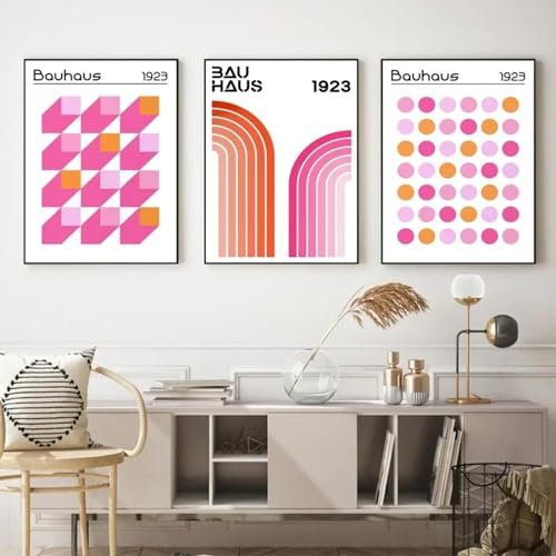KemneT Bauhaus Pink Orange Geometry Line Wand Bilder Poster und Kunstdrucke abstrakte Leinwandbild Bilder für Wohnzimmer Home Deko 50x70cmx3 ungerahmt