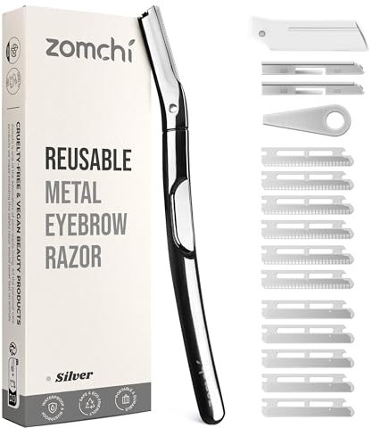 ZOMCHI Rasoir à sourcils et rasoir pour le visage pour femmes et hommes, manche en métal réutilisable avec 11 lames de recharge, rasoir Dermaplane avec capuchon de protection en silicone - Argent poli