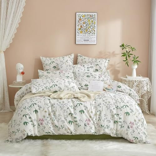 Luowei Parure de Lit Coton 220x240 cm Rose Fleurie Feuilles Housse de Couette 2 Personnes Adulte Très Doux Housse Couette Imprimée avec Fermeture Éclair et 2 Taies d'oreiller 65x65 cm