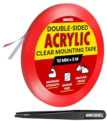 Double-Sided Mounting Tape Acrylic - 5m x 10mm Indoor / Outdoor Adhesive - Heavy Duty Removable Clear Nano Tape - Picture Hanging Wall Tape, Home Decor, Carpet Fix Rug Tape, Waterproof - incl. Tweezer