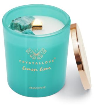 CRYSTALLOVE Duftkerze im Glas - Natürliche Soja-Kerze mit Amazonit- Candle - Geschenk Kerze - 400g - lang anhaltende Kerze für Zuhause - Blumenduft