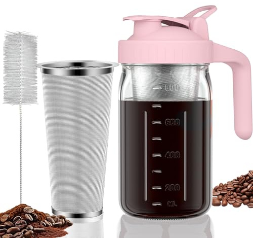 Pitcher for Cold Coffee Machine 900ml, Glass Pourer Lid with Handle and Stainless Steel Filter for Iced Coffee, Iced Lemonade, Herbal Tea, Fruit Beverage Container