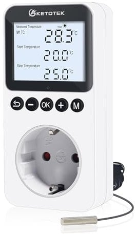 KETOTEK Enchufe Termostato Dia Noche con Retroiluminación, Termostato Temporizador Enchufe Digital Controlador de Temperatura con Sonda para Reptil Terrario Incubadora Invernadero 220V