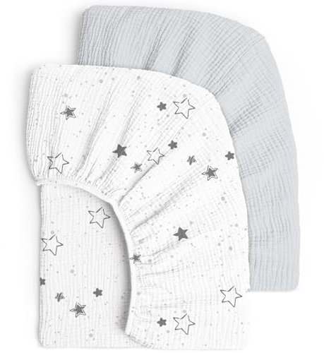lulumoon 2er Set Kinder Spannbettlaken, Musselin-Baumwolle Spannbetttuch für Babybett und Kinderbett 60x120cm / 70x140cm Reisebett Spannlaken Beistellbett Leintücher (Stern Grau, 60x120cm)