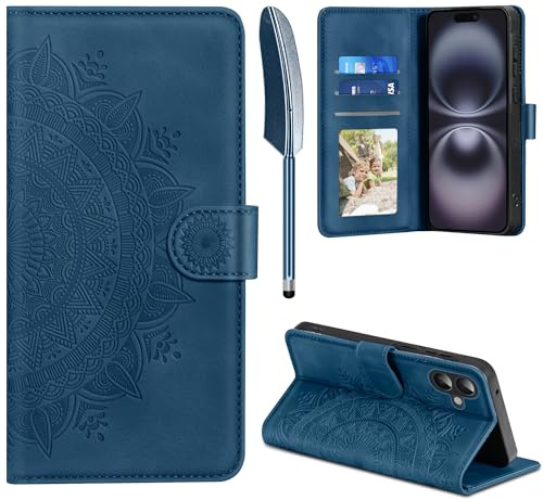 EASDNB Lederhülle für iPhone 16 Hülle, Handyhülle für iPhone 16 Flip Wallet PU Leder Case [Kartenfach] [Magnet] [Ständer] Prägung Klapphülle Schutzhülle für iPhone 16 6.1 Zoll, Dunkelblau