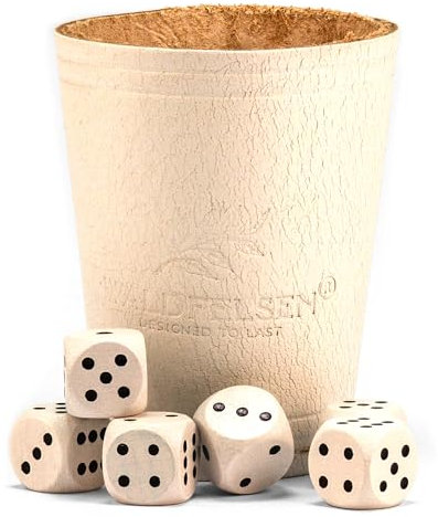 Waldfelsen® Echtleder Würfelbecher (9 cm) mit 6 Holzwürfeln (16 mm) aus Buchenholz Lederbecher Würfelset Augenwürfel Spielwürfel (Farbe: Weiß)