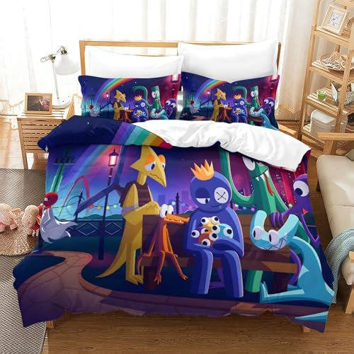 GDEKCIEAS Rainbow Friends Bettwäschegarnitur 3D Gedruckter Spiele Bettbezug Set Für Kinder Mädchen Jungen Und Kissenbezüge Bettwäsche Reissverschluss Weich Microfaser 3 Teilig Single（140x200cm）