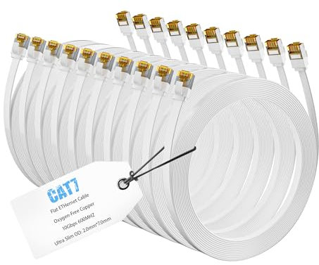 Mygatti 2 Meter/10 Stück Cat7 Flach und Dünn Ethernet Kabel-Weiß,Hochgeschwindigkeits-LAN-Kabel,10 Gbit/s 600 MHz FTP Internetkabel mit RJ45-Stecker,für POE-Kamera,Router,Switch,Modem
