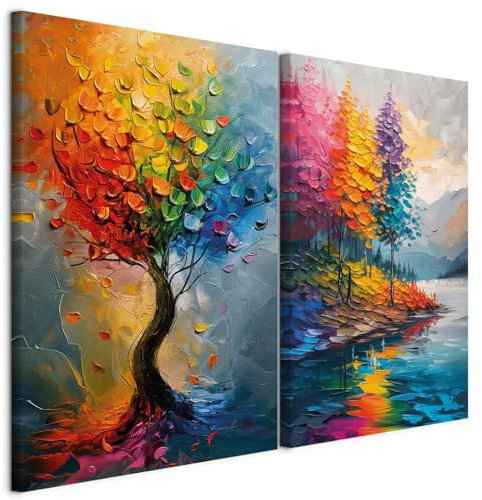 murando - Wandbilder XXL Set Fantasie Landschaft 120x90cm 2 Teilig je 60x90cm Collage 2er Leinwandbild Groß Wanddeko Wohnzimmer Wanddekoration - Wandkunst Abstrakt Regenbogenfarben c-H-10080-b-a