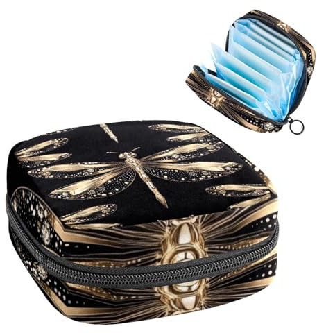 Borsa portatile per assorbenti igienici, borsa per coppette mestruali femminili per ragazze adolescenti, kit per primo ciclo mestruale, libellule dorate con ali scintillanti