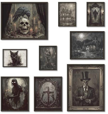 Putuo Decor Dark Academia Gothic Wandkunst, gruselige ästhetische Poster, Skelett, Totenkopf, Spukhaus, gruselige Figuren und Geisterdruck, Horror-Leinwand-Dekor für Halloween, ungerahmt, 9 Stück
